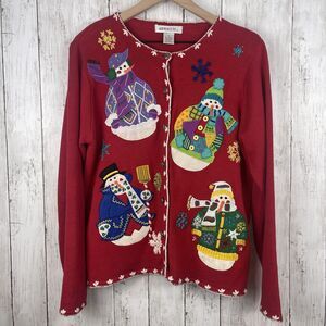 Arriviste Christmas Cardigan Ugly Sweater Medium Red Snowman Beaded Embellished